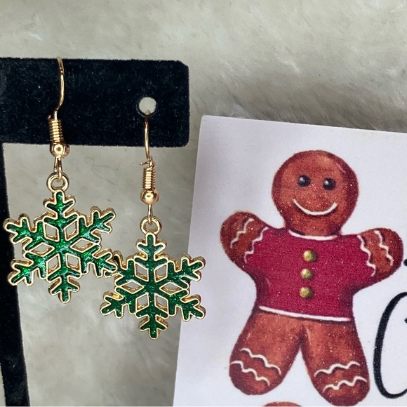 Green Sparkle Snowflake Dangle Earrings - Picture 5 of 5